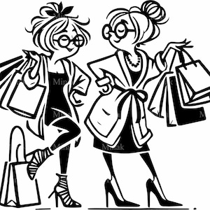 4 Trendy Shopping SVG Cut File - Two Stylish Women in High Heels with Shopping Bags - Fashionable Friends Clipart