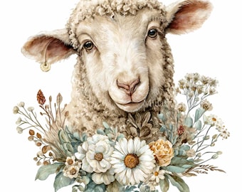 12 PNG Schaf Clipart Blumen Illustration - Baby Bauernhof Aquarell für Kinderzimmer Drucke
