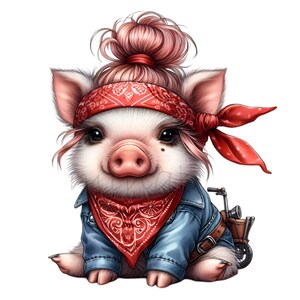 12 cliparts PNG motard cochon - mignon porcelet avec bandana et denim - animaux de la ferme PNG pour sublimation, cartes et décoration pour enfants