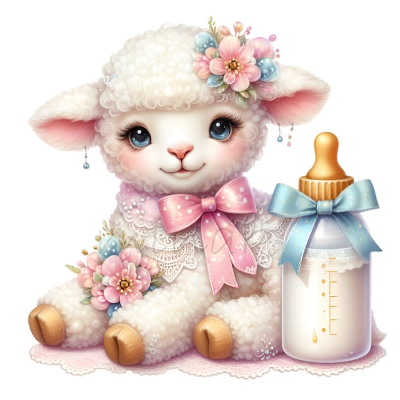 May include: A charming illustration of a fluffy white lamb with blue eyes, adorned with pink and blue floral accents and a pink bow. Beside the lamb is a baby bottle with a blue ribbon. The lamb is sitting on a pink lace doily.
