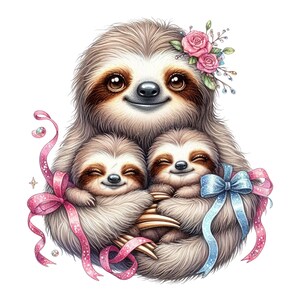 Sloth Clipart, Motherhood Clipart, Mama Clip Art, Twins Clip Art, 12 PNG Watercolor Mom Mother's ...