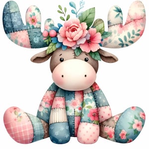 May include: A whimsical stuffed moose toy with patchwork fabric in shades of pink, blue, and white. The moose has large antlers with floral patterns and a crown of pink flowers and green leaves. The toy is sitting down.