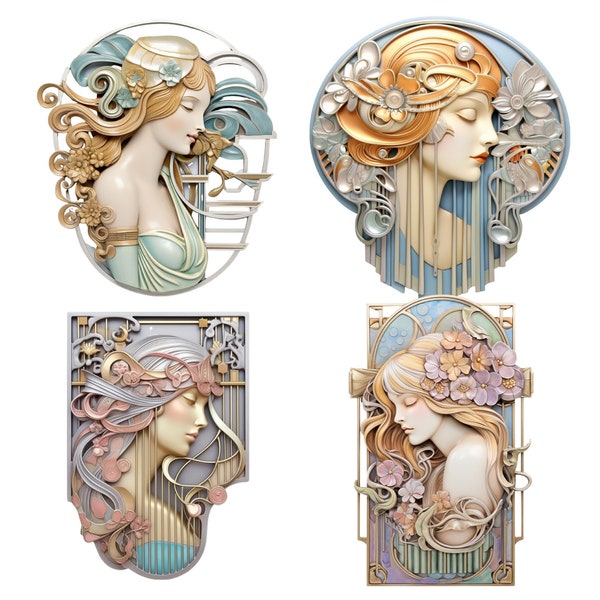 Art Nouveau Clipart Bundle, 25 PNG Décoratif Femme Pastel Sublimation pour l’artisanat imprimable