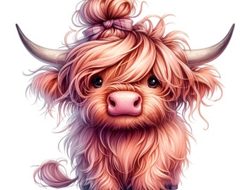 12 imágenes PNG de vaca de las Tierras Altas rosa con moño desordenado y lazo a cuadros.
