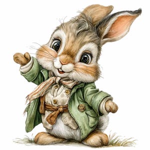 Puede incluir: Una encantadora ilustraci&oacute;n de un conejito con una chaqueta verde, camisa color crema y bufanda estampada. El conejito tiene pelaje marr&oacute;n y canela, ojos grandes y est&aacute; sonriendo. La imagen es una ilustraci&oacute;n al estilo acuarela.