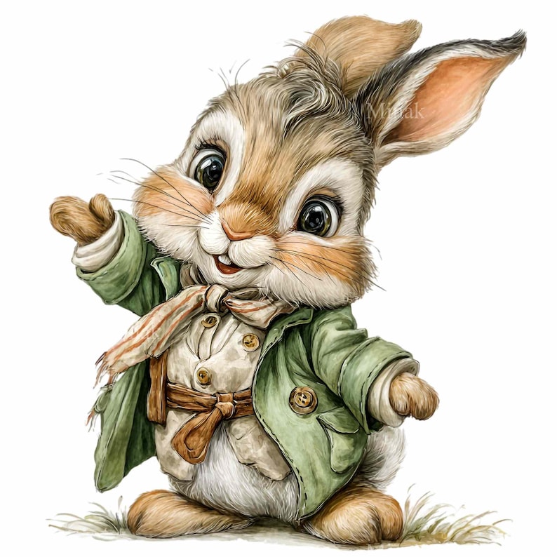 Puede incluir: Una encantadora ilustraci&oacute;n de un conejito con una chaqueta verde, camisa color crema y bufanda estampada. El conejito tiene pelaje marr&oacute;n y canela, ojos grandes y est&aacute; sonriendo. La imagen es una ilustraci&oacute;n al estilo acuarela.