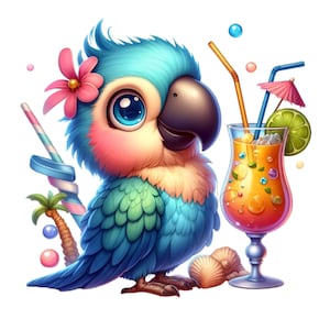 10 PNG Tropical Parrot – Cute Bird Digital Art – Summer Cocktail Decor, DIY Sublimation Design for Shirts, Stickers, Beach Mugs