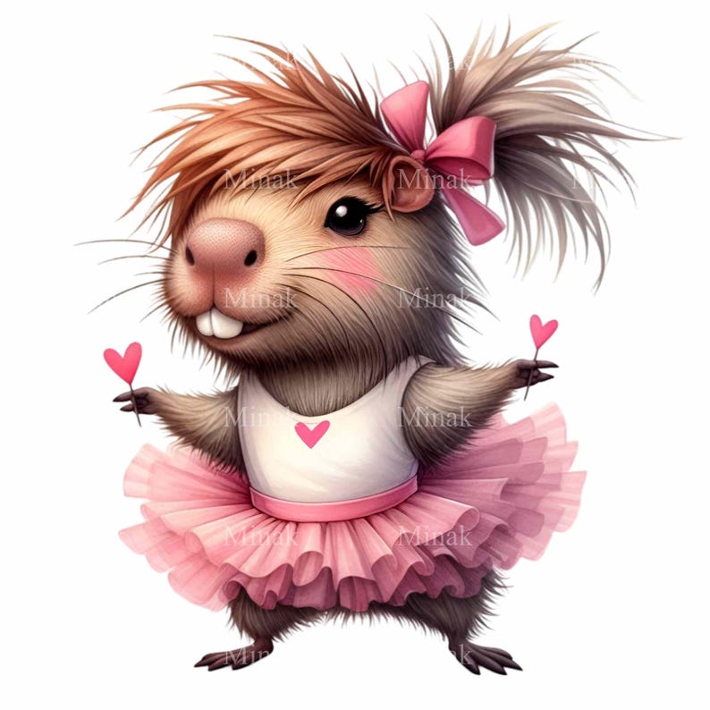 K&ouml;nnte beinhalten: Eine Cartoon-Illustration eines braunen und grauen Capybaras, das ein rosafarbenes Tutu und eine rosafarbene Schleife im Haar tr&auml;gt. Das Capybara h&auml;lt zwei rosafarbene Herzen in seinen Pfoten.