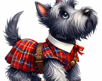 14 Scottish Terrier Hund Clipart PNG | Süßer Terrier im Tartan Outfit | Entzückende Scotty Digital Art