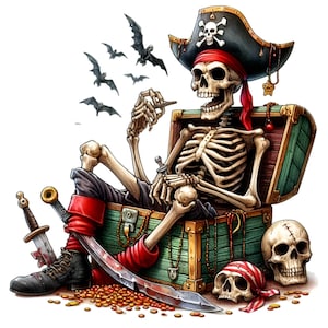 Pirata esqueleto com baú de tesouro Clipart PNG - 15 artes assustadoras de pirata, perfeitas para o Halloween e artesanatos com temas náuticos