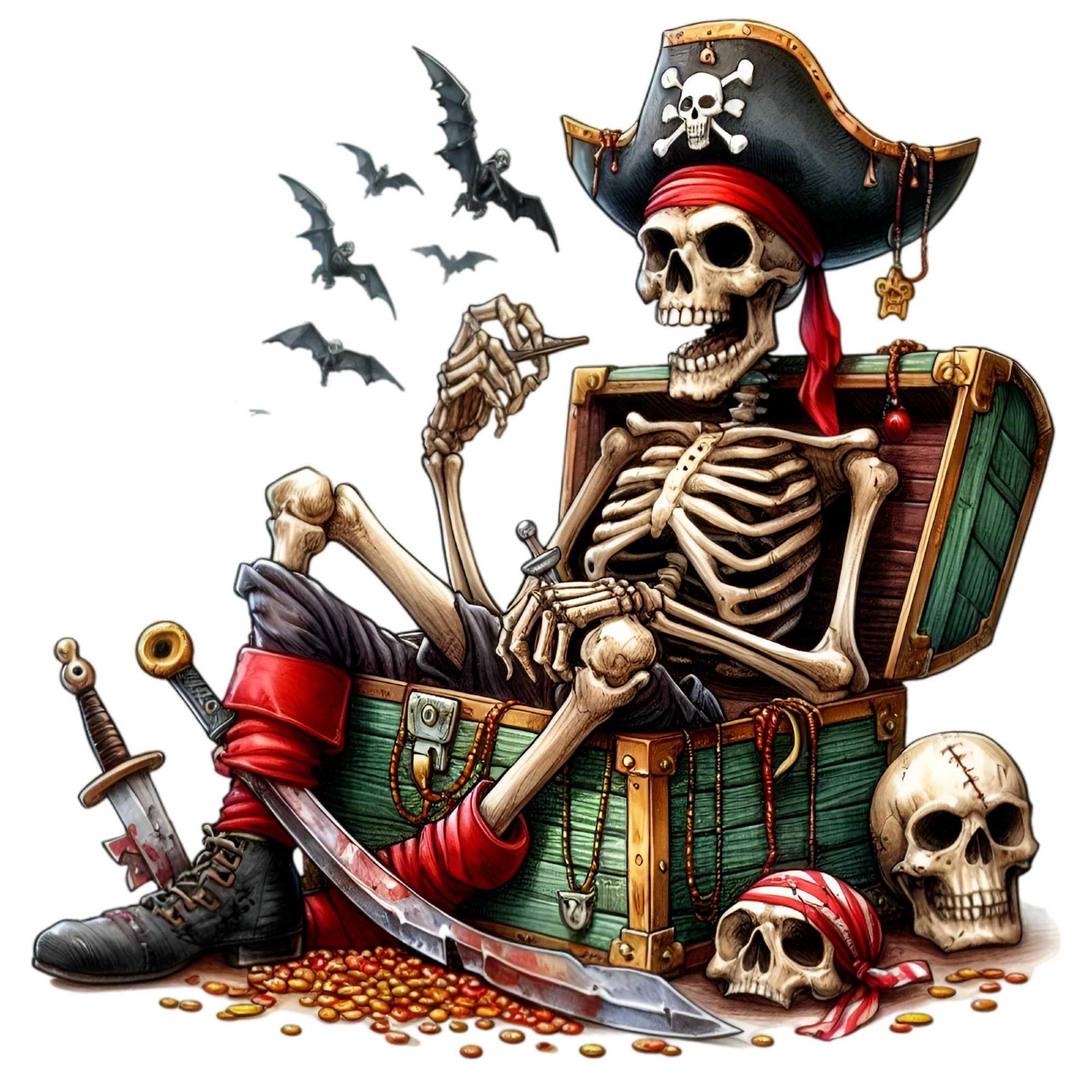 Skeleton Pirate with Treasure Chest Clipart PNG - 15 Spooky Pirate Art, Perfect for Halloween & Nautical-Themed Crafts