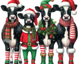 12 Mucche di Natale PNG, Clipart di animali da fattoria con cappello di Babbo Natale, Gruppo di animali da fattoria per le feste