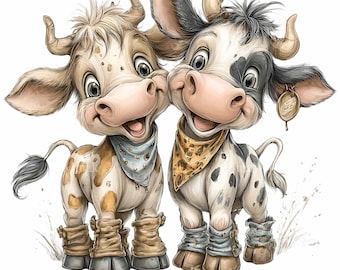 15 PNG mignon vache amis Clipart - animaux de la ferme PNG pour sublimation, autocollants, art mural pour chambre d'enfant, décoration champêtre, téléchargement numérique