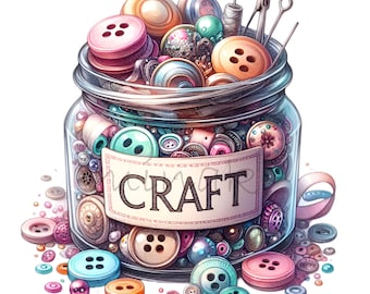 15 PNG Craft Jar Clipart – Colorful Sewing Buttons, Needle & Thread