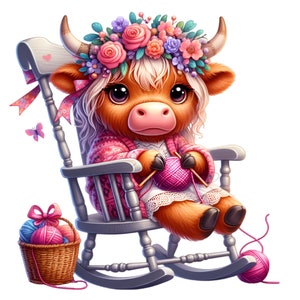 10 mignon vache Highland PNG Clipart à tricoter dans une chaise berçante, vache avec couronne de fleurs et fil, téléchargement d'Art animaux de la ferme
