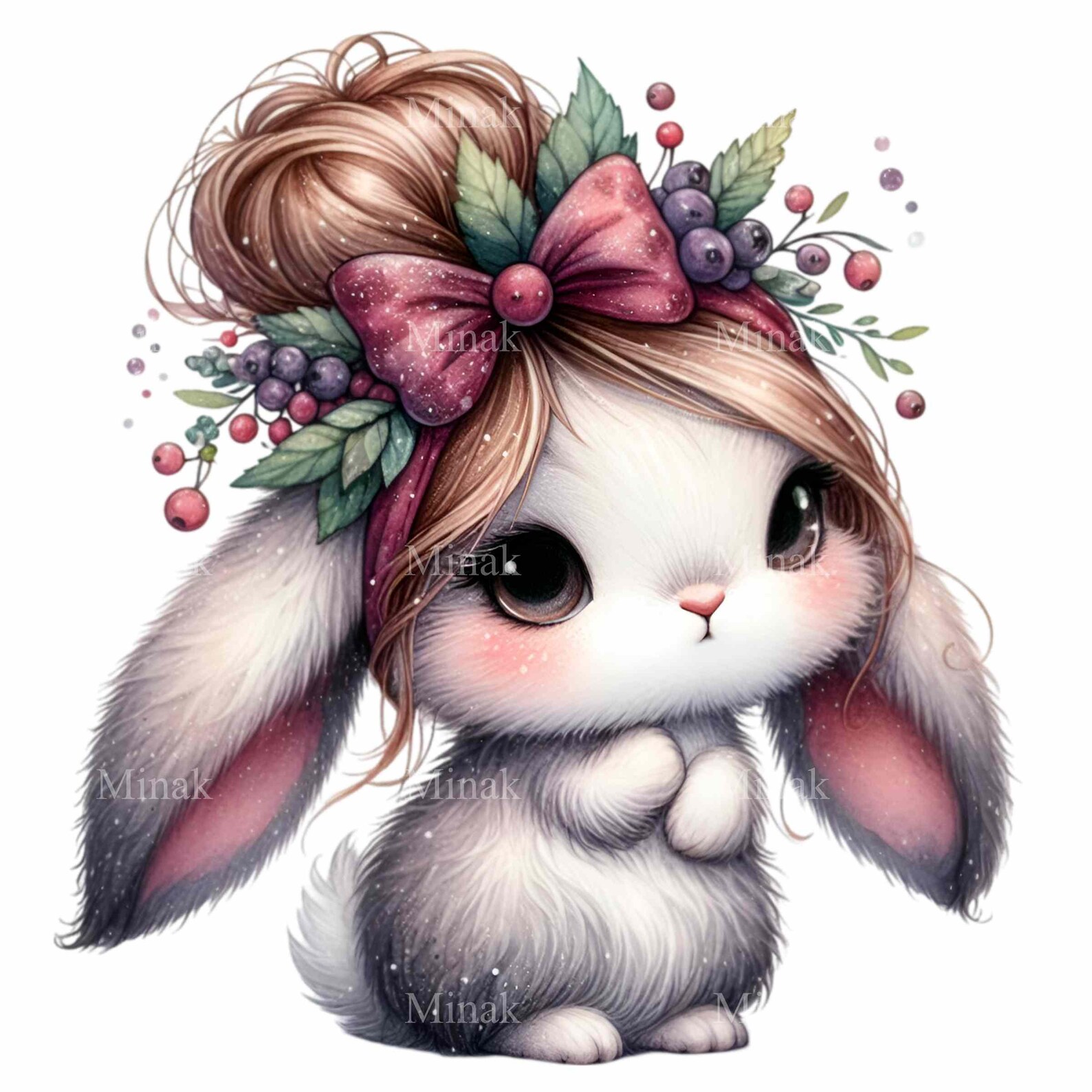 12 PNG Messy Bun Bunny Rabbit Clipart, Berries Sublimation Hare Floral ...