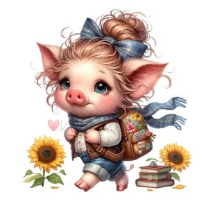 15 cliparts PNG cochon mignon avec sac à dos, noeud bleu, livres et tournesols - Adorable conception numérique de porcelet d'école