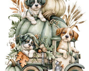 12 PNG Fall Puppies Pumpkin Truck Watercolor Autumn Dog Clipart
