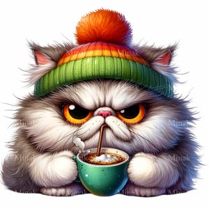 May include: A white and gray cat wearing a green, orange, and yellow knit hat with a pom-pom, is drinking from a green mug with a straw. The cat has a grumpy expression on its face.