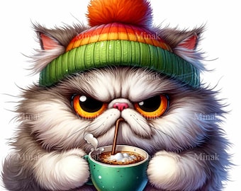Grumpy Cat PNG Clipart - 15 divertidos gatos con café y gorro colorido - Perfecto para sublimación y manualidades