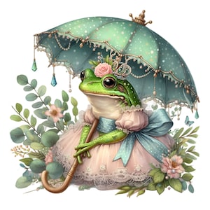 Frosch Clip Art, 12 PNG lustiges Mädchen Clipart, Regenschirm Pastellfarbe, Oma Mutter Tageskarte machen, Sublimationsgeschenk druckbar, Wandkunst