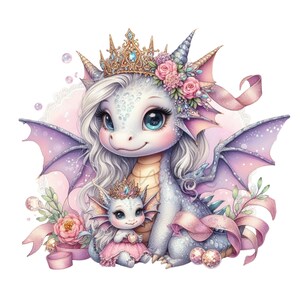 May include: A mother and baby dragon with purple wings and white hair. The mother dragon is wearing a gold crown with pink flowers. The baby dragon is wearing a pink dress and a gold crown. Both dragons have blue eyes.