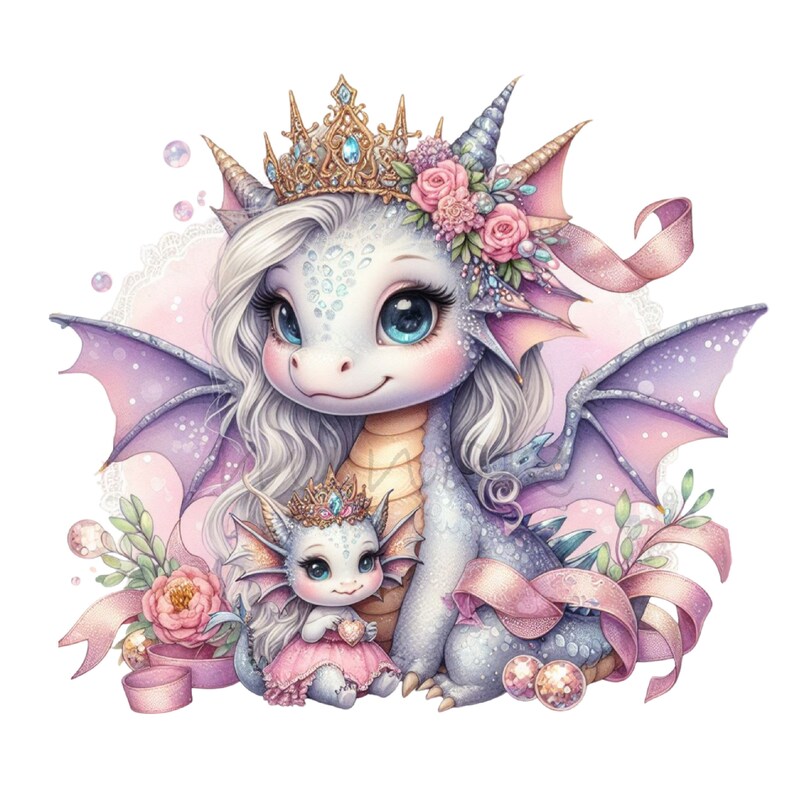 May include: A mother and baby dragon with purple wings and white hair. The mother dragon is wearing a gold crown with pink flowers. The baby dragon is wearing a pink dress and a gold crown. Both dragons have blue eyes.