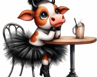 12 PNG Ballerina Cow Clipart, Coffee Shop Calf Gothic Ballet Sublimation