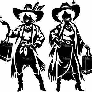 6 SVG Funny Cowgirls SVG Cut File, Western Women with Shopping Bags Silhouette, Sassy Rodeo Ladies for Cricut Crafts