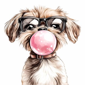 12 Funny Puppy PNG Clipart - Adorable Dog with Glasses Blowing Bubble Gum - Cute Digital Art on White Background