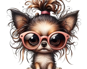 May include: A chihuahua with brown and black fur wearing pink sunglasses and a pink hair tie. The dog has its hair pulled back in a ponytail.