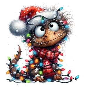 サンタの帽子とライトが付いた15種類の面白いクリスマス恐竜PNGクリップアート、スカーフを巻いたかわいいホリデー恐竜のデジタルダウンロード