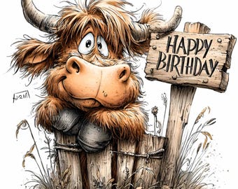 15 PNG Highland cow card – Birthday cow PNG clipart – Funny farm animal image for printable greeting, party tags, scrapbook art