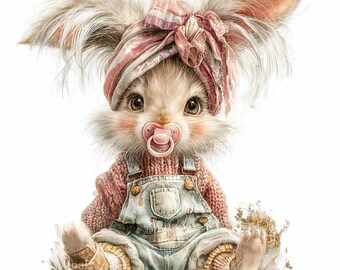 16 images clipart de bébé lapin (PNG) - Tétine, motif lapin, salopette, sublimation pour chambre d'enfant