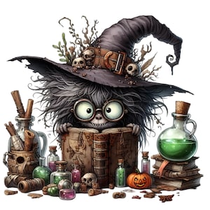 May include: A furry, green-skinned creature wearing a black witch's hat and glasses reads a large, open book. The creature is surrounded by various potion bottles, scrolls, and other magical items.