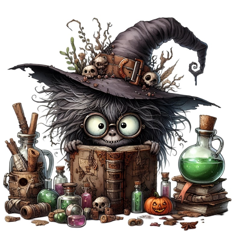 May include: A furry, green-skinned creature wearing a black witch's hat and glasses reads a large, open book. The creature is surrounded by various potion bottles, scrolls, and other magical items.
