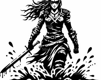 7 Female Warrior Svg, Sword Fighter Splash Action Clipart