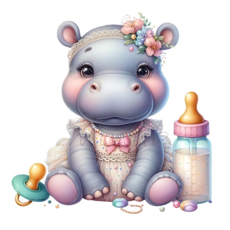 May include: A cute cartoon hippo wearing a floral headband and a dress with a pink bow. A baby bottle and a pacifier are next to the hippo. The hippo is sitting down. The image has a white background.