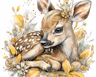 12 PNG Faon d'automne aquarelle, cerf, fleurs et feuilles clipart