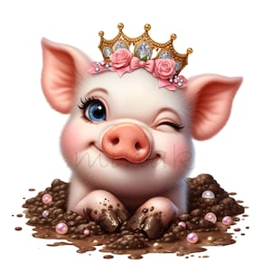 Può includere: Un'incantevole maialino dei cartoni animati con una corona d'oro e rose rosa fa l'occhiolino. Il maialino ha gli occhi blu, le guance rosa ed è parzialmente sepolto nel fango con perle sparse. Illustrazione stravagante.