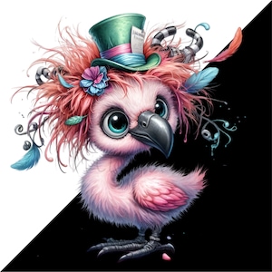 K&ouml;nnte beinhalten: Eine skurrile Illustration eines rosa flamingoartigen Vogels mit gro&szlig;en, ausdrucksstarken Augen. Er tr&auml;gt einen gr&uuml;nen Zylinderhut mit einem rosa Federkopfschmuck, blauen Federn und einer Blume. Der Hintergrund ist diagonal geteilt, wei&szlig; und schwarz.