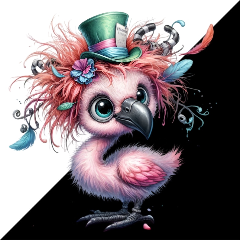 K&ouml;nnte beinhalten: Eine skurrile Illustration eines rosa flamingoartigen Vogels mit gro&szlig;en, ausdrucksstarken Augen. Er tr&auml;gt einen gr&uuml;nen Zylinderhut mit einem rosa Federkopfschmuck, blauen Federn und einer Blume. Der Hintergrund ist diagonal geteilt, wei&szlig; und schwarz.