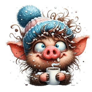 12 Cerdos de invierno PNG – Imágenes prediseñadas de cerditos divertidos – Imagen de animal de dibujos animados de chocolate caliente para manualidades de temporada, tazas y proyectos imprimibles