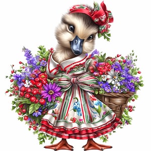 12 imágenes prediseñadas de ganso vintage PNG, ganso con vestido floral y cesta de flores, decoración de granja primaveral, arte rural encantador
