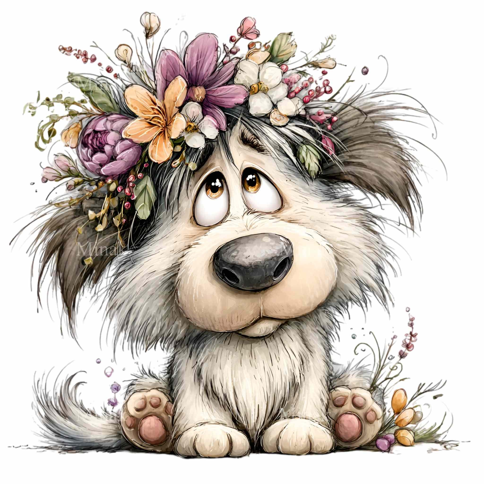 15 PNG Floral Dog Clipart – Funny Puppy PNG Illustration – Cute Fluffy ...