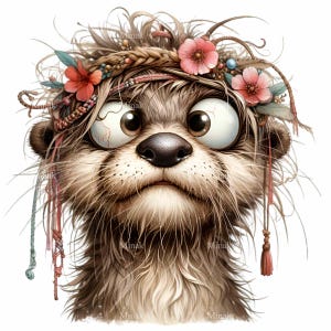 12 cliparts PNG de loutre mignonne avec de grands yeux, de la fourrure en désordre et un bandeau floral | Illustration animale drôle pour la sublimation et l'artisanat