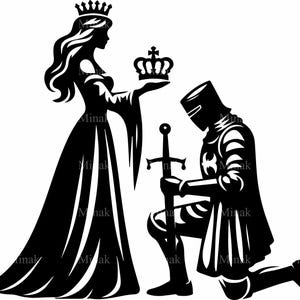 4 archivos SVG de corte de caballero coronado de reina medieval, clipart de ceremonia real, diseño de caballerosidad y honor para Cricut y corte láser