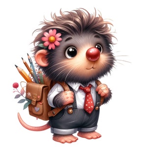 Adorable School Mole 15 PNG Clipart / Lindo Topo con Mochila e Ilustración de Lápices / Perfecto para Decoración y Manualidades para Niños