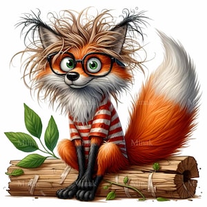 Renard à lunettes et chemise rayée PNG Clipart | 12 Renard mignon avec des cheveux sauvages, des yeux verts et une illustration sur le thème de la nature