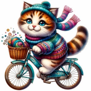12 Clipart PNG chat mignon sur vélo, pull d'hiver chat avec panier, balade à vélo en téléchargement numérique, Art de la sublimation